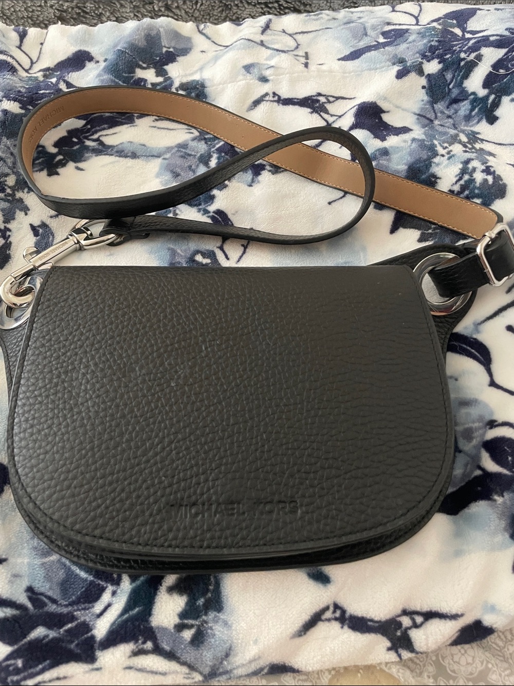 Michael Kors Black Pebbled Leather Saddle Crossbody with Tan Strap